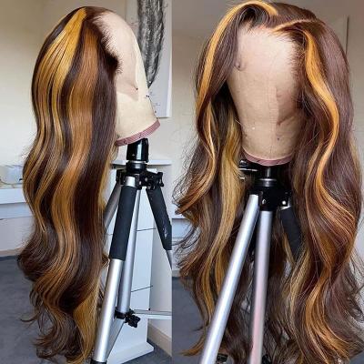 China Silky Straight Wave Ombre Blonde Highlights Color 13x4 Deep Part Lace Front Human Hair Wigs 180% Density 360 Wig Hair High Density Wigs for sale