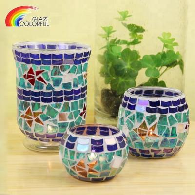 China Home Decoration Mosaic Glass Candle Holder Handmade Blown Glass Hurricane Candle Holder for sale