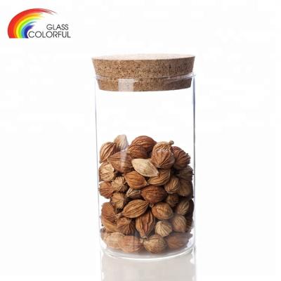 China Traditional Round Borosilicate Glass Storage Jar With Cork Lid Top Food Safe For Kitchen Storage Size Customized for sale