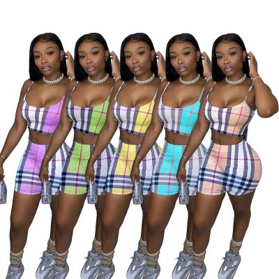 China 2021 Hot Selling Women Anti-Static Neon Clothing Plaid Crop Tops And Women'S Shorts Two Piece Shorts Set Woman for sale