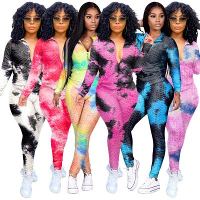 China 2021 Lady Two Piece Pants Set Anti-pilling Best-selling Zipper Tie Dye Casual Women's Two Piece Outfits 2021 for sale