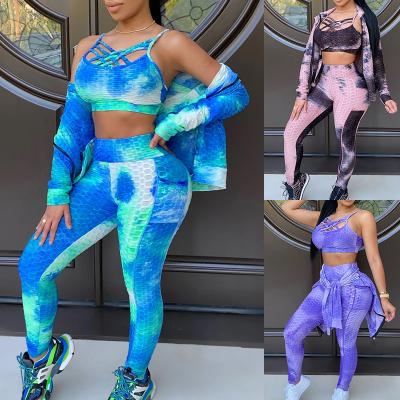 China 2021 New Arrivals Breathable Tie Dye 3 Piece Set Women Fitness And Yoga Wear Tracksuits For Women for sale