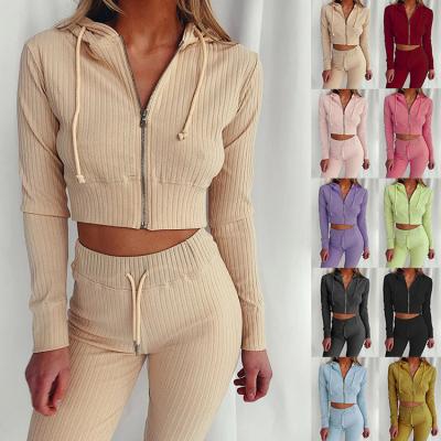 China 2021 Custom Sexy Anti-Static Label Women Apparel Ribbed Knit Cropped Hoodie Set Sweat Suit Gear Jogger Pants Two Piece Set for sale