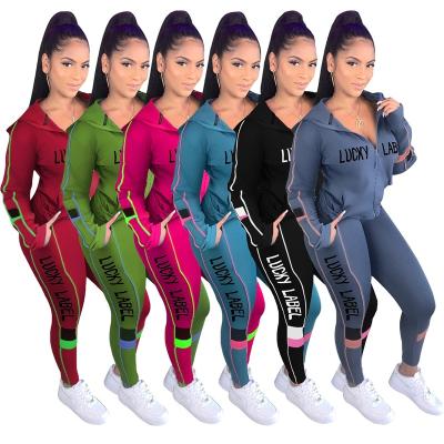 China MQY 2021 Newest Design Viable Tight Hooded Zipper Casual Letter Printing 2 Piece Autumn Yoga Set Women's Long Sleeve Clothing for sale