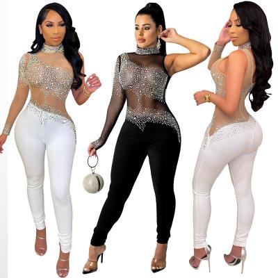 China Mesh breathable sexy penetration fashion hot drilling pants sheath long dungarees playsuits drop woman for sale