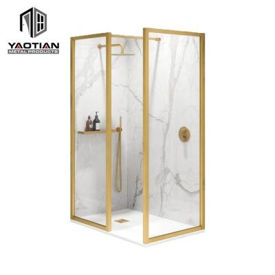 China Modern Brushed Gold Framed Tempered Glass Wet Room Walk In Bath Shower Screen for sale