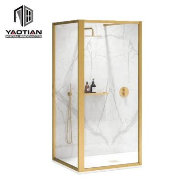 China Modern Brushed Gold Framed Tempered Glass Wet Room Walk In Bath Shower Screen for sale