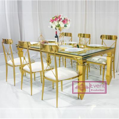 China (Other) popular romantic adjustable gold frame rectangle stainless steel event wedding table with glass dining table for sale