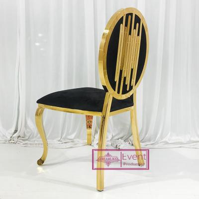 China (Other) Adjustable Oval Back With Gold New Design Pattern Modern Wedding Stainless Steel Hotel Banquet Chairs for sale