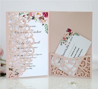 China Western Europe Style Laser Cutout Invitation Blessing Pink Greeting Card Wedding Pocket Cover for Engagement Baby Shower for sale