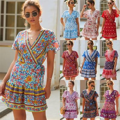 China Breathable Wholesale Fashion Bohemian A Line Ladies V Neck Summer Bandage Floral African Short Sleeve Women Print Bondage Dress African for sale