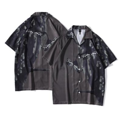 China M-XXL Men's Breathable Boys Beach Full Print Black Button Short Cool Full Sleeve Summer Loose Oversized Plus Size Shirts Blouses Korean for sale