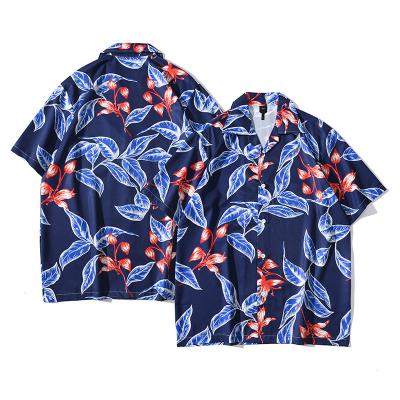 China Breathable Floral Flower Print Elegant Men's Fashion Loose Oversized V-Neckline Loose Beach Short Sleeve Chiffon Summer Wear Chiffon Korean Blouses for sale