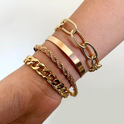 China FASHIONABLE New Design Miami Cuban Chain Twisted Gold Plated Charm Bracelets Set For Women for sale