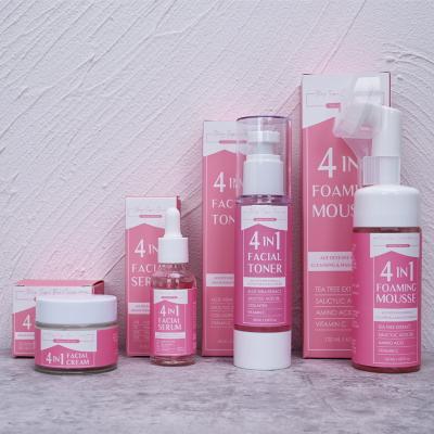 China Anti Aging Customize Exclusive 4 IN 1 Glowing Cleansing Pink Roese Facial Skincare Face Cream Serum Toner Mousse Set for sale