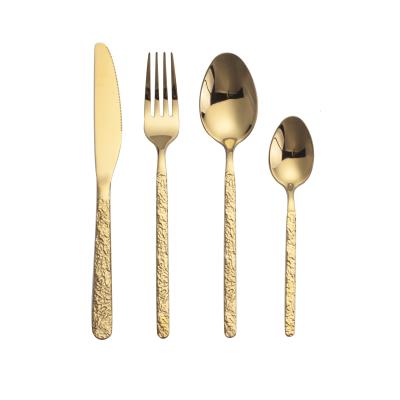 China Factory 304 Disposable Metal Jieyang Relief Design Stainless Steel Gold Plated Luxury Cutlery Set With Spoon Knife Fork Dinnerware Sets for sale