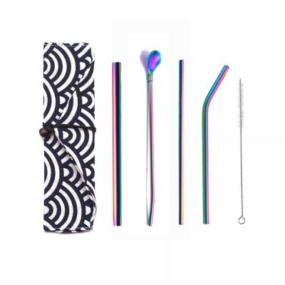 China Disposable Reusable Stainless Steel Drinking Straw Set with Cleaner Brush with Drawstring Pouch with Straw Spoon for sale