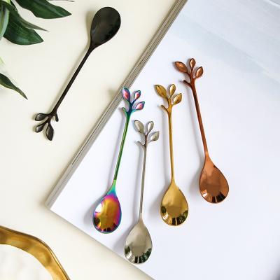 China New Viable Wholesale Creative Eco Friendly Leaf Shape Metal Gold Spoon Fork Set for sale