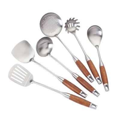 China Sustainable high quality 304 stainless steel kitchen utensil set wooden handle 6pcs cookware for sale