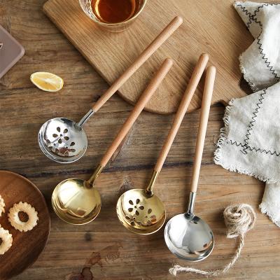 China Stocked Korean Wooden Cookware Handle Stainless Steel Soup Spoon And Slotted Spoon for sale