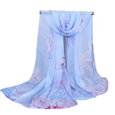 China Fashion Lotus Pond Moonlight Printed Scarf Newest Hot Sale Muslim Women's Georgette Series Scarf Sunscreen Shawl Bib Thin Silk Scarf for sale