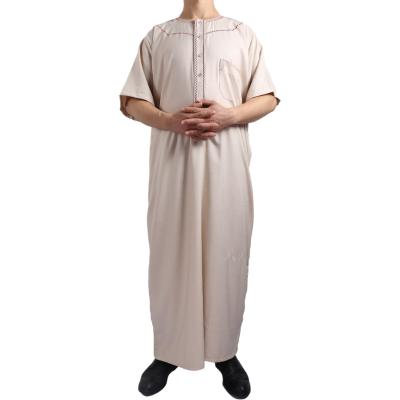 China Modest Muslimah Styling New Embroidered Muslim Men's Cotton Neck Worship Robe Embroidered Button Long Round Color Canvas Robe for sale