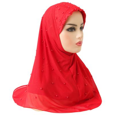 China Newest Shiny Headscarf Double-Layer Mesh Nail Pearl Headscarf Fashion Arab Muslim Cotton Headscarf Hat Wholesale for sale