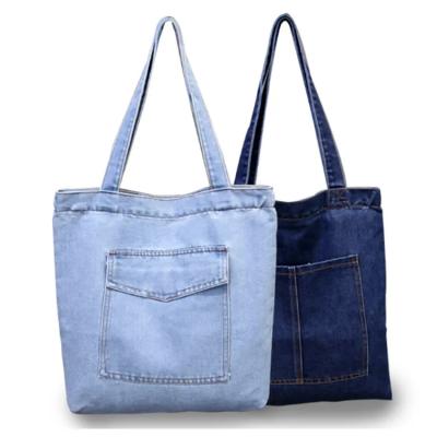 China Durable Custom Logo Navy Blue Casual Denim Fabric Shoulder Shopping Tote Bag With Pocket Rectangle for sale