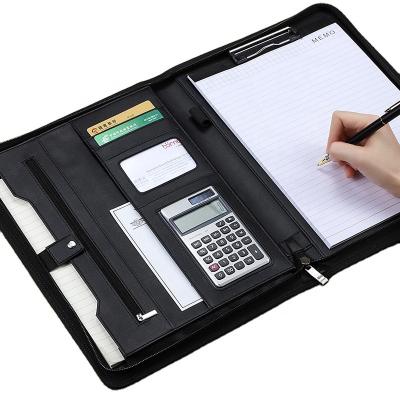 China Clipboard folder with calculator and handle Professional A4 Business File Holder PU Leather 3 Ring Binder Padfolio Case Executive Folder customized logo for sale