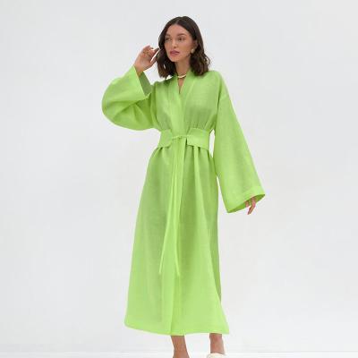 China Anti-Static 2023 New Arrival Linen Cotton Robe Dress Ties Up Waist High Split Ladies Casual Midi Dress for sale