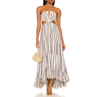 China Anti-Static Low MOQ Custom Women Sexy Cut Out Halter Neck Striped Shinny Fabric Flare Maxi Casual Halter Dresses 2023 for sale