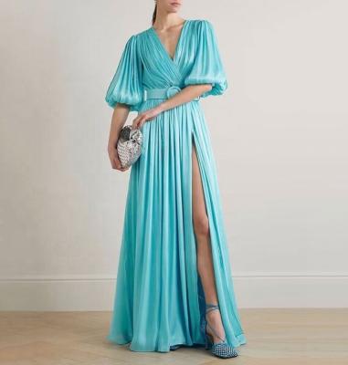 China Breathable Elegant Ladies Summer Maxi Dress With Belt Fashion V Neck Pleated Gentle Women's Long Dress for sale