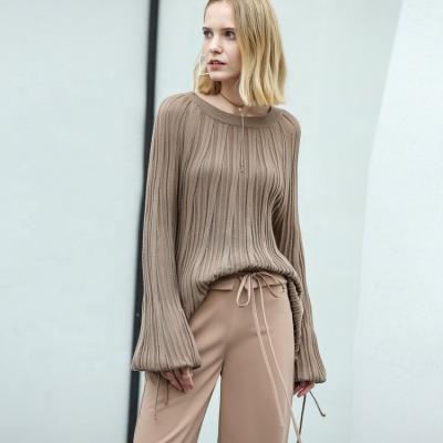 China Anti-Shrink 2023 Latest Women Crew Neck Cable Knit Sweater Top With Puff Sleeves for sale