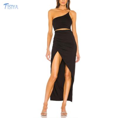 China QUICK DRY Manufacturer  2023 Sexy Two Piece skirt Set backless one-shoulder high waist vent two piece skirt set for sale