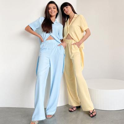 China QUICK DRY Fashion INS Suits Sets Summer Short Sleeves Crop Shirts with Ties Long Pants Women's Two Piece Set for sale