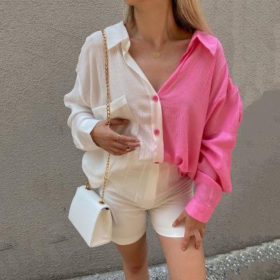 China Anti-pilling Hot Sale Soft Thin Oversize Blouse Chiffon Color Block Contrast  Ladies Plus Size Women's Blouse Shirts for sale