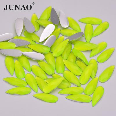 China Neon Yellow Diamond Crystal Rhinestone Applique Flatback Resin Crystal Stone Non Sewing Flatback Drop Strass 8*22mm For Decoration for sale