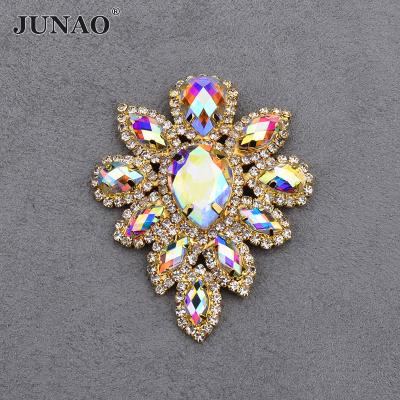 China Hot Selling Flatback JUNAO 45*59mm Sew on Crystal Stone Flower AB Glass Claw Rhinestone Rhinestone with Gold Base for Wedding Dress for sale