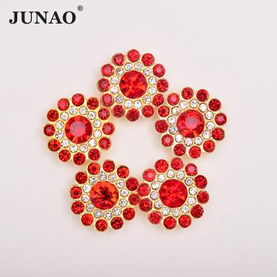 China Wholesale 14mm Flatback JUNAO Glitter Sun Flower Round Red Crystal Rhinestone Sew On Glass Buckle Rhinestones For Shoes Clothes for sale