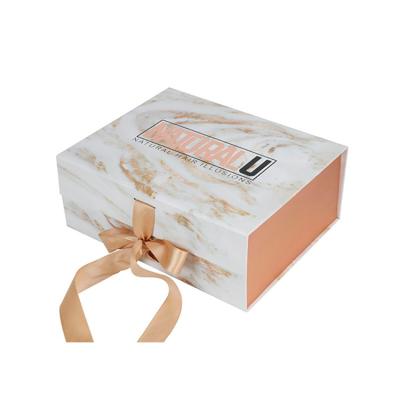 China Disposable Place Ribbon Closure Keepsake Wedding Gift Boxes Folding Paper Box White Marble Gift Box for sale