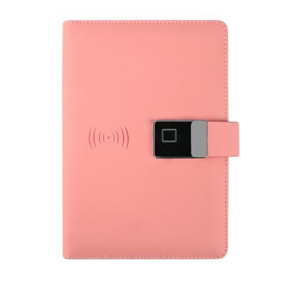 China Fingerprint leather lock notebook speakerphone business diary planner wireless charging smart notebook with powerbank for sale