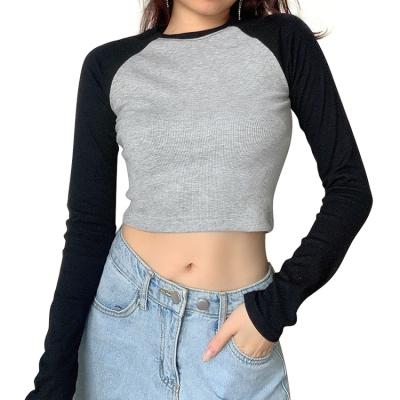 China Hot Selling Anti Wrinkle Anti Wrinkle Workout T Shirt Long Sleeve Ribbed Cotton Two Tone Women Crop Top T Shirt for sale