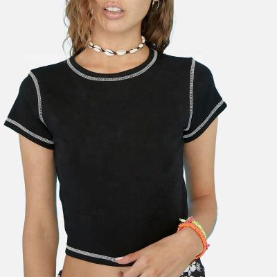 China Hot Selling Anti Wrinkle Women's Clothing T-shirt Cotton Contrast Dot Black Crop Top 100% T-shirt for sale