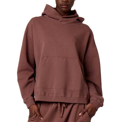 China 100% Custom Anti Wrinkle Cotton Hoodie Drop Shoulder Ladies Single Blank Drawstrings Pullover 400gsm Not Brown 100% Logo Women Hoodie for sale