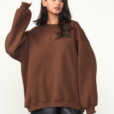 China Custom Anti-Wrinkle Anti-Wrinkle OEM Brown Long Embossed Embossed Crewneck Sweatshirt Women for sale