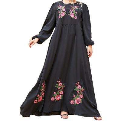 China New Arrival Breathable High Quality Plus Size Muslim Casual Dress Ice Crepe Middle East Black Floral Arabic Long Dress For Party for sale