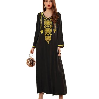 China Breathable Dubai Women's Abayas 2021 Solid Black Long Sleeve Round Neck Embroidery Abaya Long Robe Gowns For Muslim Women for sale