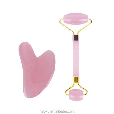 China Double Head Wholesale Private Label Customized Natural Rose Quartz Gua Sha and Jade Roller Massage Roller Facial Face Massager for sale