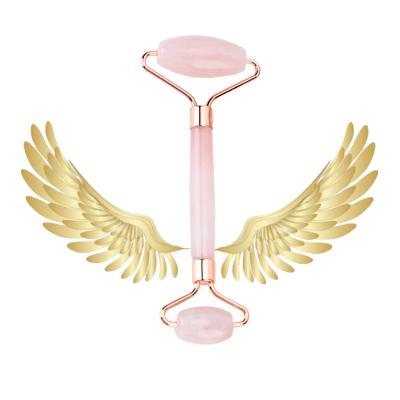 China 2021 New Arrival Hand Held Rose Quartz Jade Roller Gua Sha Set For Face Pink Natura Rose Facial Roller for sale