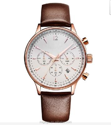 China Functional Chronograph Muti- Stainless Steel Watch Date Display Chronograph Watch with Genuine Leather Strap for sale